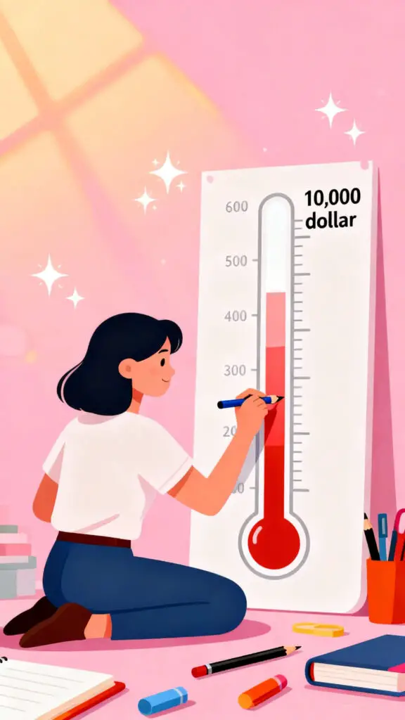 Achieve $5000 From This Saving Challenge For Vacation 3 Illustration of a woman filling in a savings thermometer chart toward a 10,000 goal, on a pastel pink background with highlights.