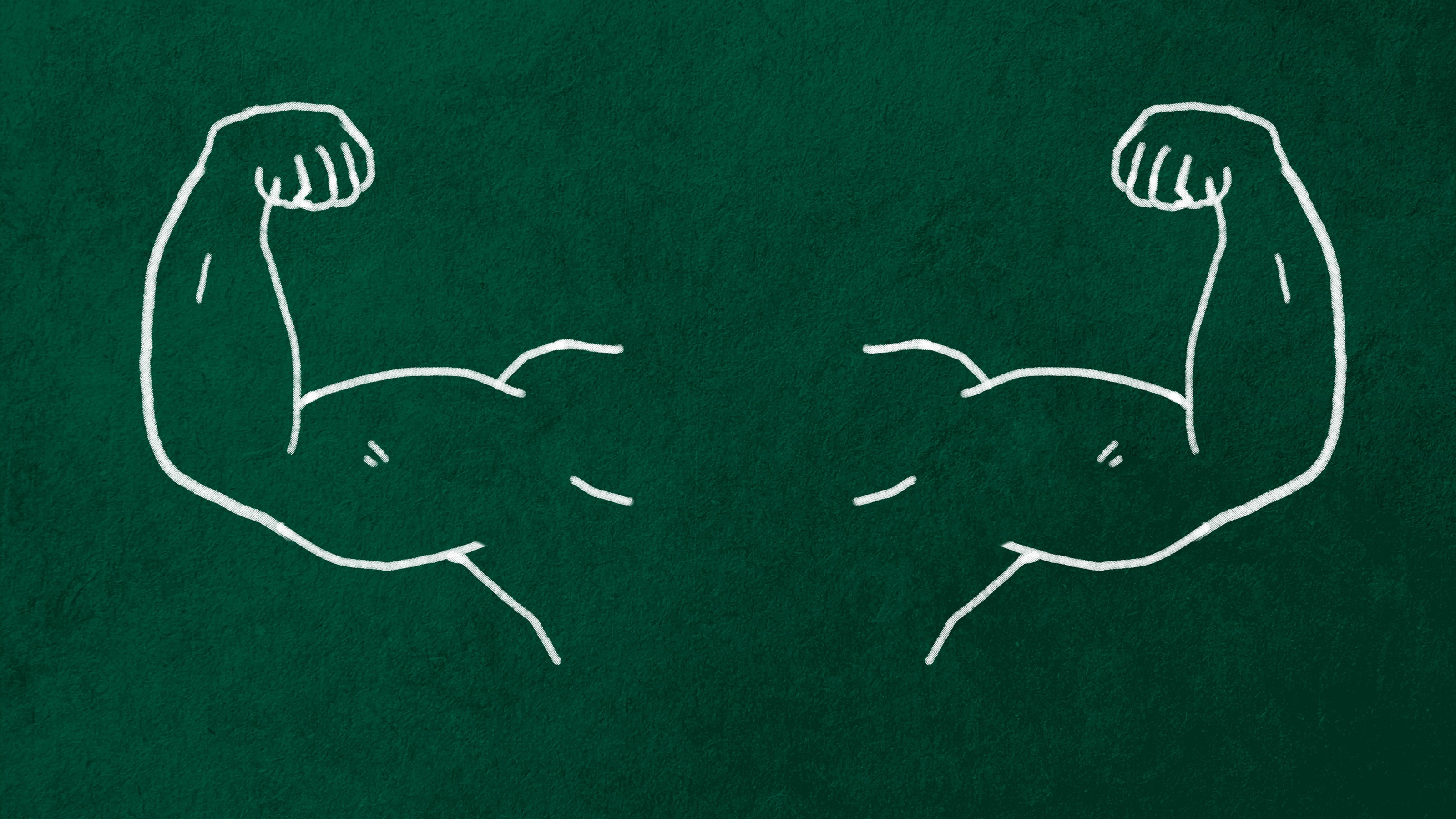 White outline of a man flexing his muscles against a green background.