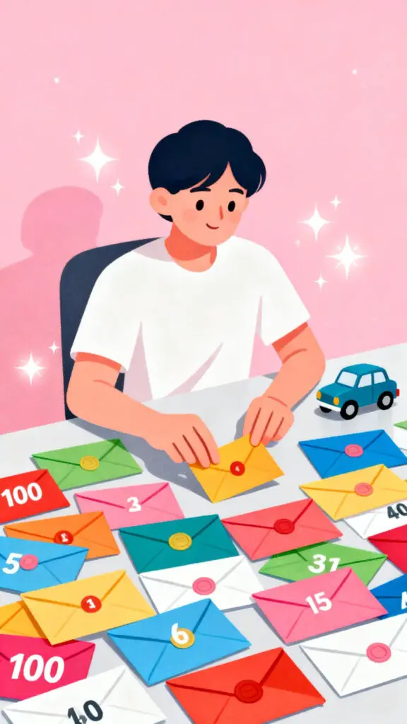 Most Effective Saving Challenge For Car 3 Illustration of a person selecting a numbered envelope from a spread of 100 envelopes with a small toy car on a pastel pink highlighted background.