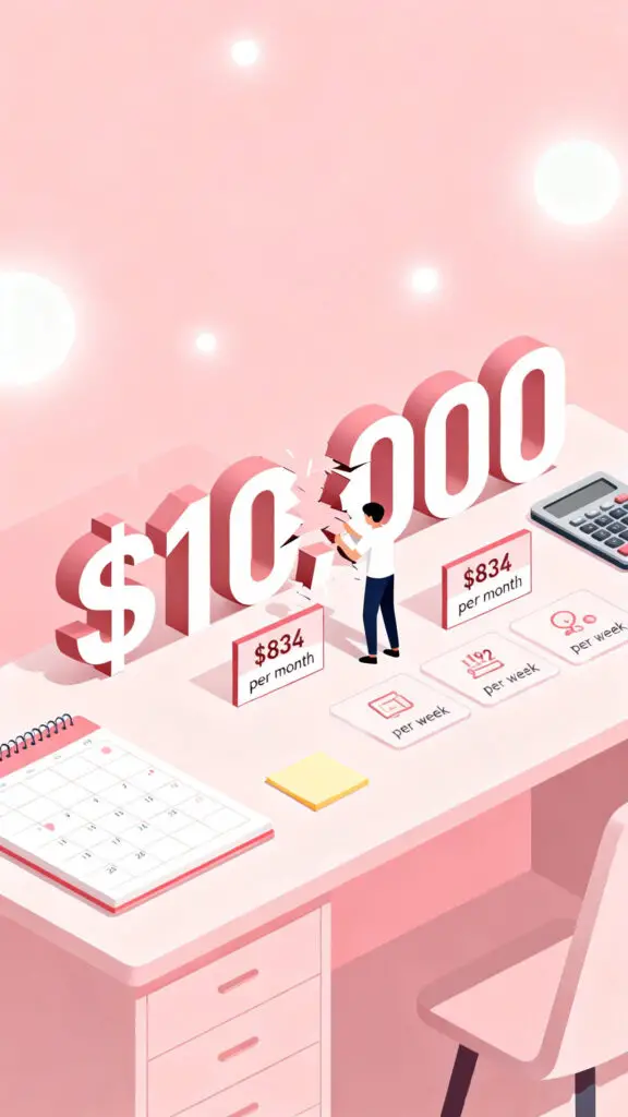 $10,000 Saving Challenge One Year 2 Illustration of a person dividing a $10,000 savings goal into monthly and weekly amounts using a planner and calculator on a pastel pink highlighted background.