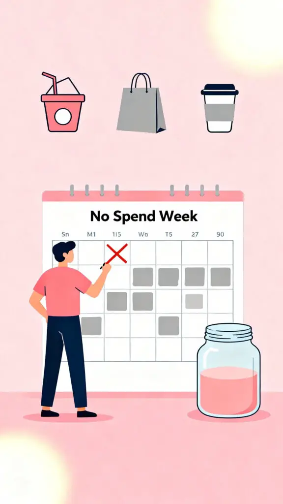 $10,000 Saving Challenge One Year 3 Illustration showing a no-spend week calendar with crossed-out non-essential items and a growing savings jar on a pastel pink background.