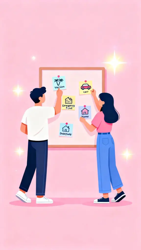 Illustration of a couple creating a shared financial goals board with various goal icons on a pastel pink background.