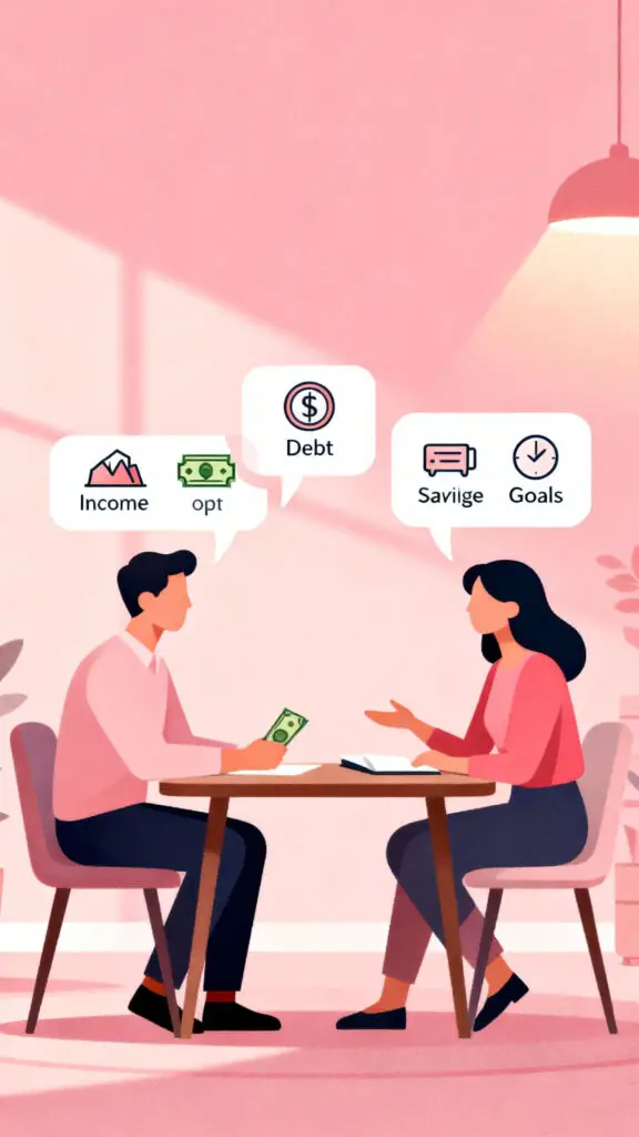 Illustration of a couple discussing finances at a table with money-related icons on a pastel pink highlighted background.