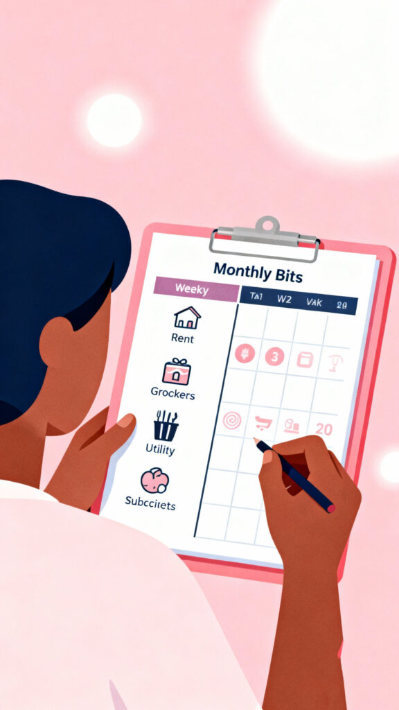 Illustration of a person organizing monthly expenses into two fortnightly sections using a calendar and bill icons on a pastel pink highlighted background.