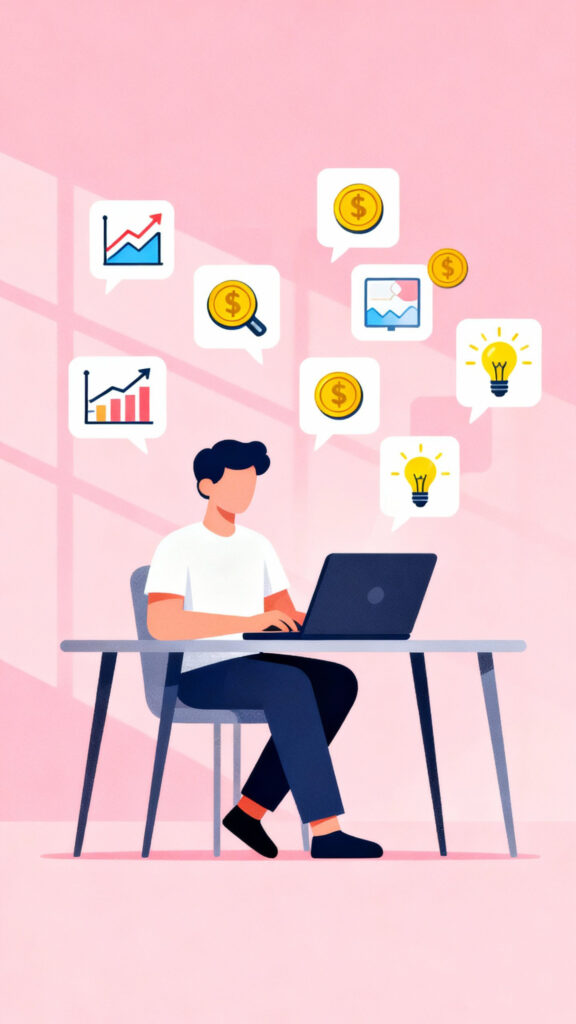 Save $100K In 3 Years Without A 6 Figure Salary 3 Illustration of a person earning extra income through side hustles on a pastel pink background.