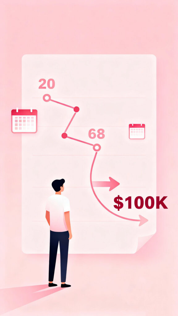 Save $100K In 3 Years Without A 6 Figure Salary 2 Illustration of a person viewing a $100K savings roadmap with milestones on a pastel pink background.