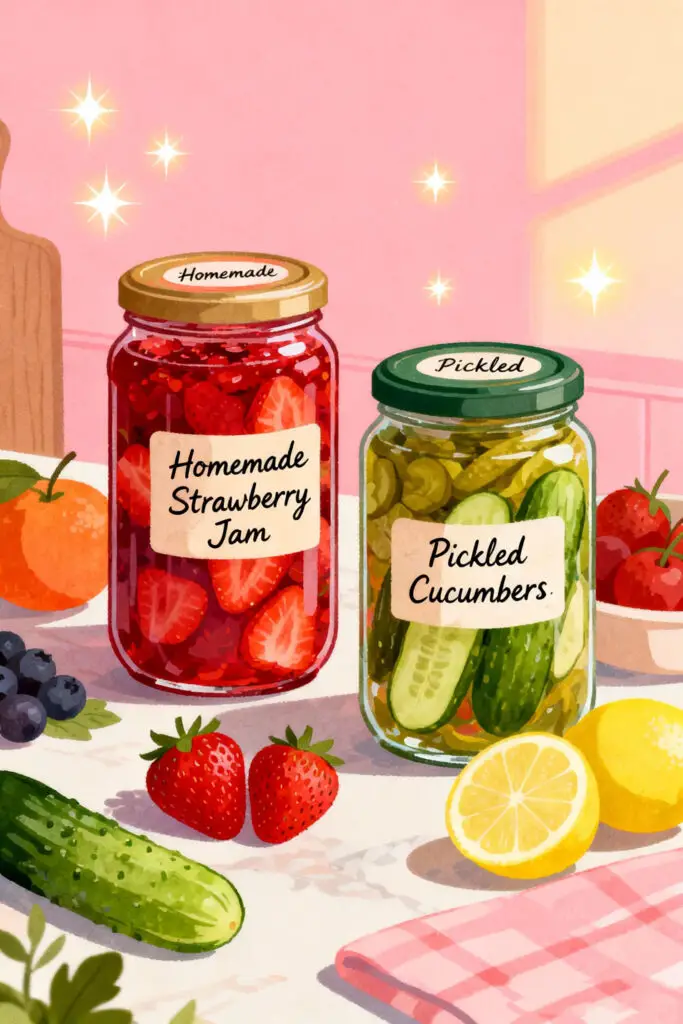 Illustration showing homemade pickles and jams prepared for selling, representing a traditional income idea on a pastel pink background.