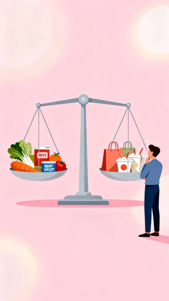 Illustration showing the difference between needs and wants to support mindful spending on a pastel pink background.