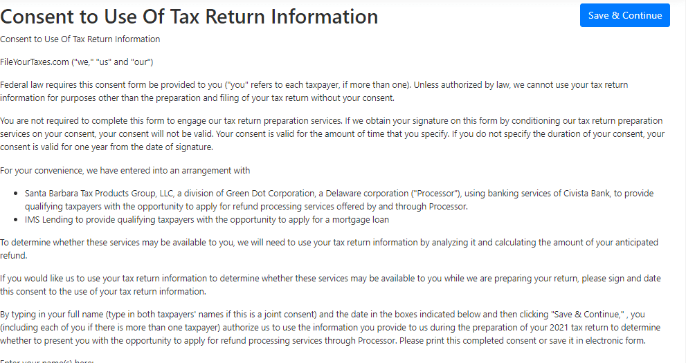 Screenshot of FileYourTaxes.com's consent to use tax return form