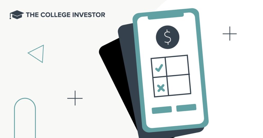 An illustrative image for an article about Cash App Taxes alternatives features a white smartphone with a teal border, angled slightly to the right, casting a dark shadow. The phone's screen displays a dark circular icon with a white dollar sign at the top, followed by a grid of four squares below it. The top-left square contains a green checkmark, while the bottom-left square has a green 'x'. Two teal rectangular buttons are visible at the bottom of the screen. In the background, against a light gray surface, various light teal geometric shapes like triangles and plus signs are scattered, along with the text "THE COLLEGE INVESTOR" in the upper left corner. This visual represents the process of evaluating different tax software platforms, specifically discussing Cash App Taxes and its alternatives like TurboTax and H&R Block, by comparing features and user experience to help individuals find the best fit for their tax filing needs.