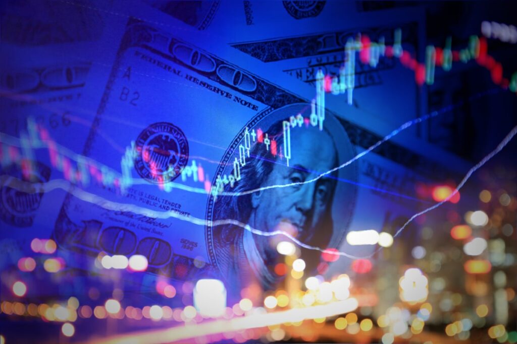 Dollar bills, stock charts, and digital data.