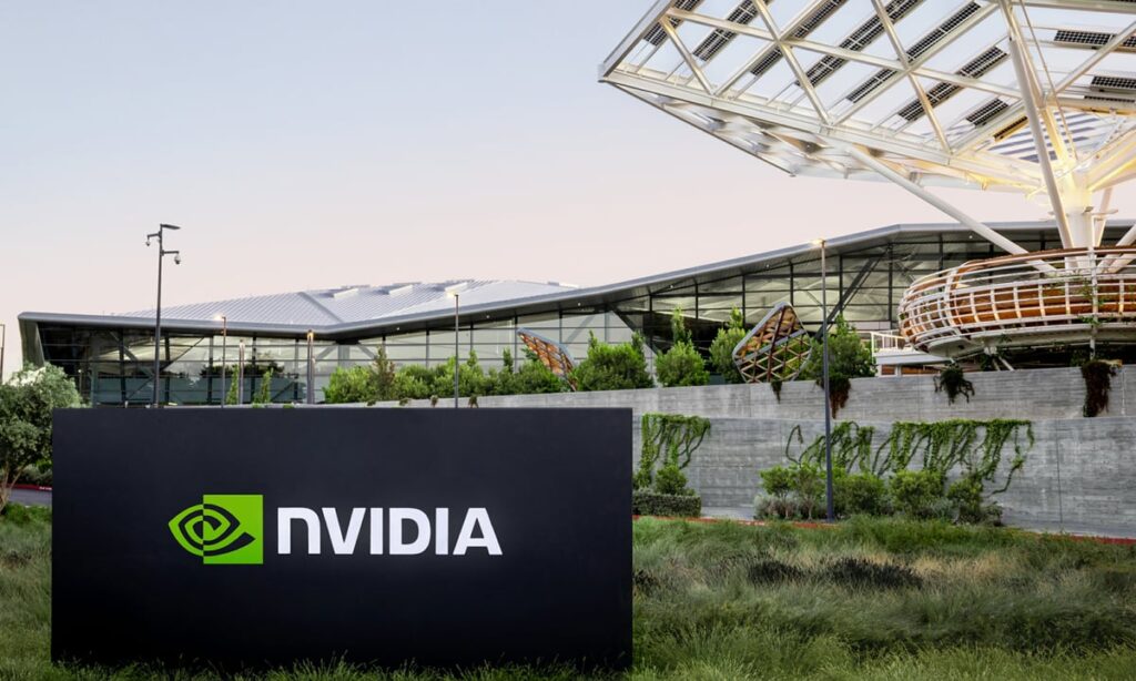 Nvidia logo outside a company building.