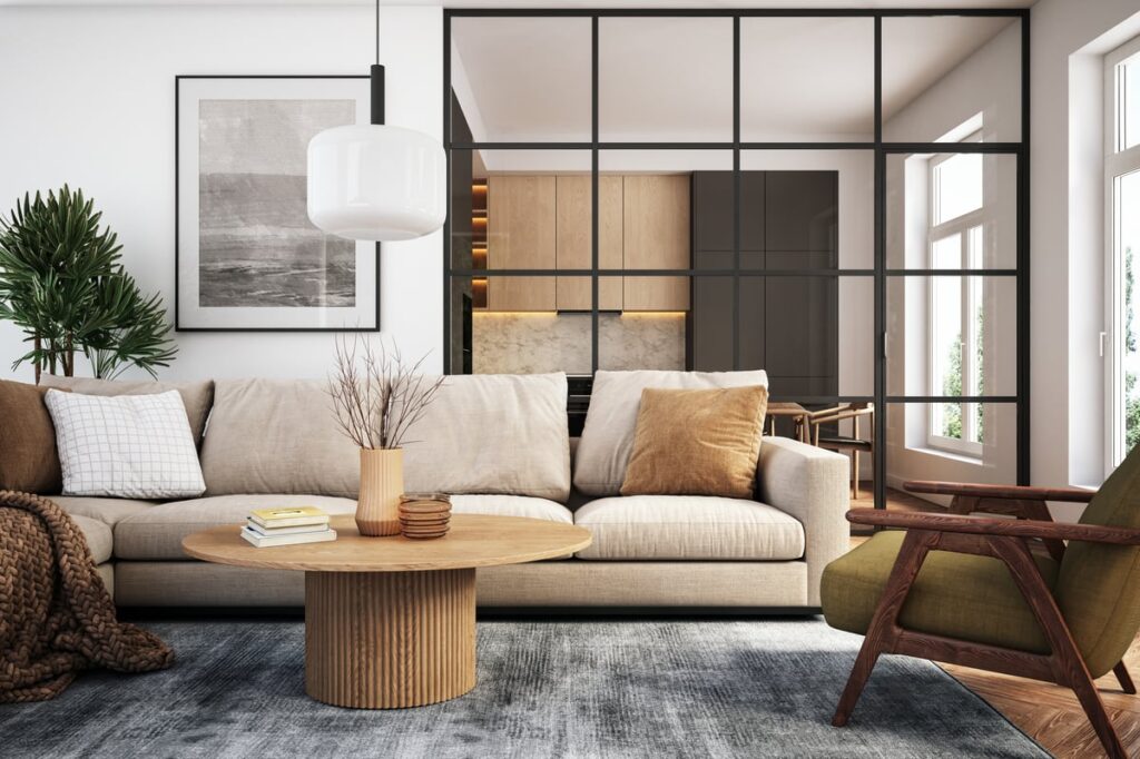 Modern furniture in a living room.