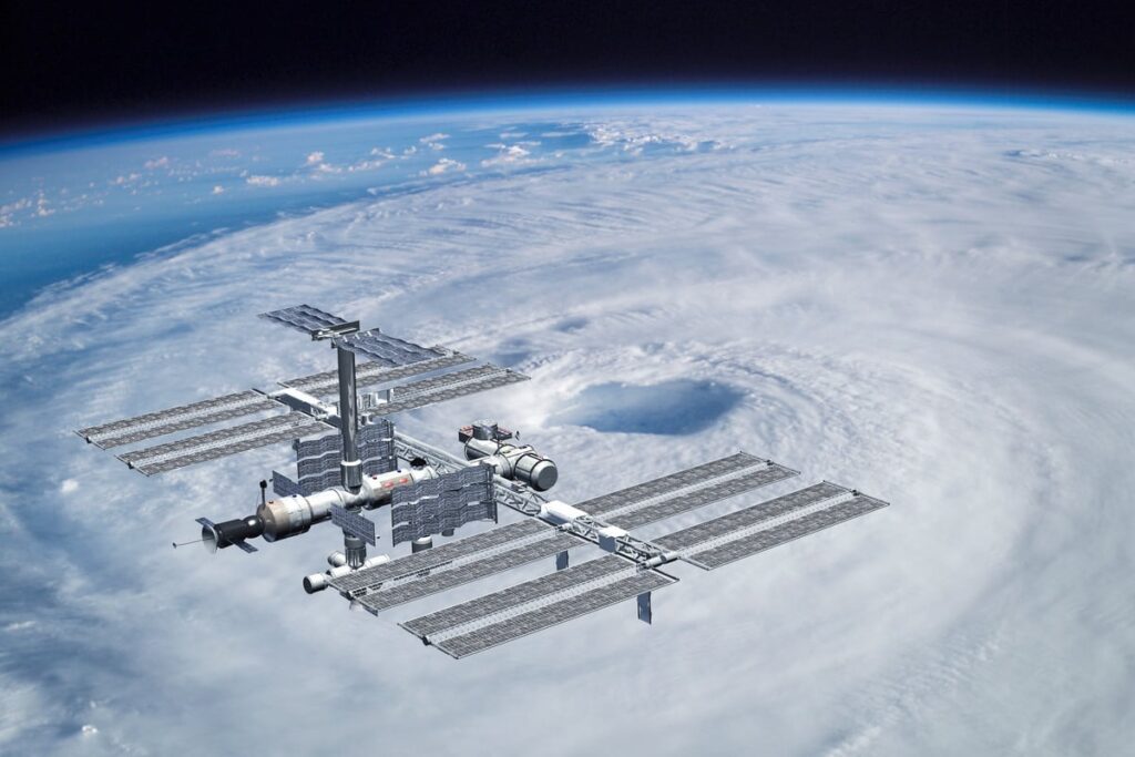 ISS International Space Station orbiting over a hurricane.