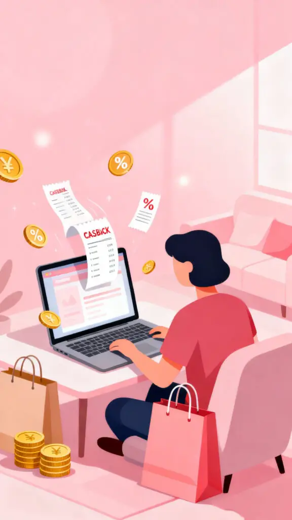 35 Legit Ways to Get Free Money with Little or No Effort 3 Illustration of using cashback shopping apps to earn free money from everyday purchases on a pastel pink background.