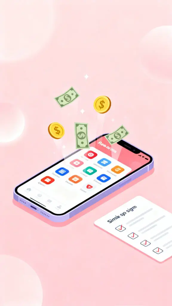 35 Legit Ways to Get Free Money with Little or No Effort 2 Illustration showing sign-up bonuses from apps as an easy way to get free money on a pastel pink background.