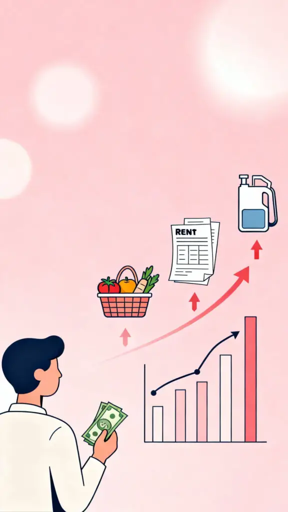 Not Saving For These 14 Things? You’re Making Serious Money Mistakes. 3 Illustration explaining inflation and rising living costs and why saving is important, on a pastel pink background.