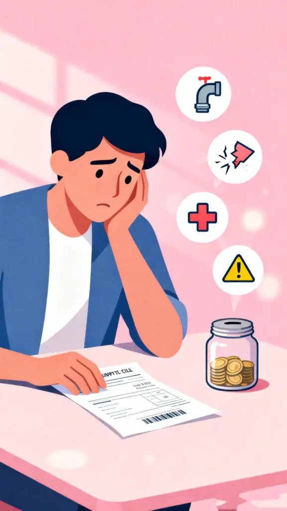 Not Saving For These 14 Things? You’re Making Serious Money Mistakes. 2 Illustration showing the importance of saving for emergency expenses to avoid financial stress, on a pastel pink background.