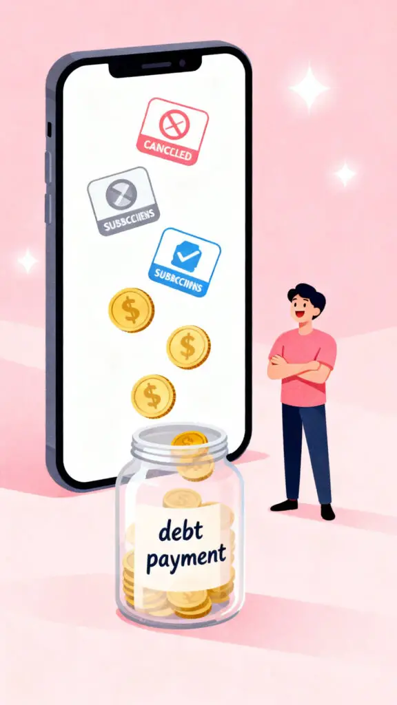 These Apps Will Help You To Get Out Of Debt 3 Illustration showing subscription cancellation through a budgeting app to free money for paying off debt, set on a pastel pink background.