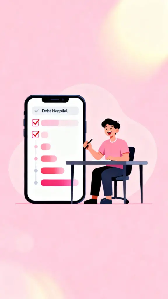 These Apps Will Help You To Get Out Of Debt 2 Illustration of a person using a debt payoff planner app to track progress and stay motivated on a pastel pink background.