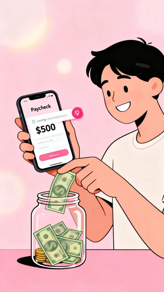 Illustration showing a person saving money first by transferring income into savings using a mobile app on a pastel pink background.