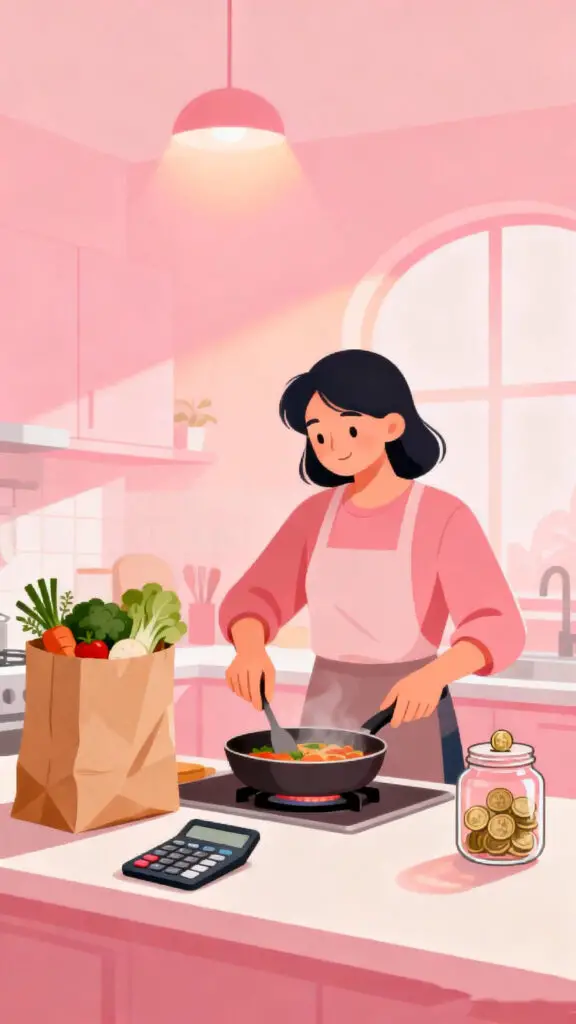 Illustration showing a person saving money first by transferring income into savings using a mobile app on a pastel pink background.