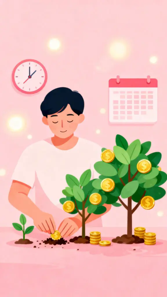 Illustration representing financial discipline and long-term growth leading to freedom on a pastel pink background.