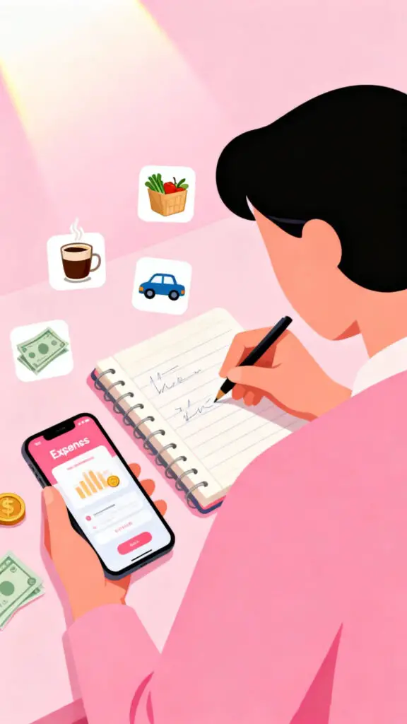 Budgeting For Beginners, All You Need To Know 2 Illustration showing expense tracking and money awareness for beginners on a pastel pink background.