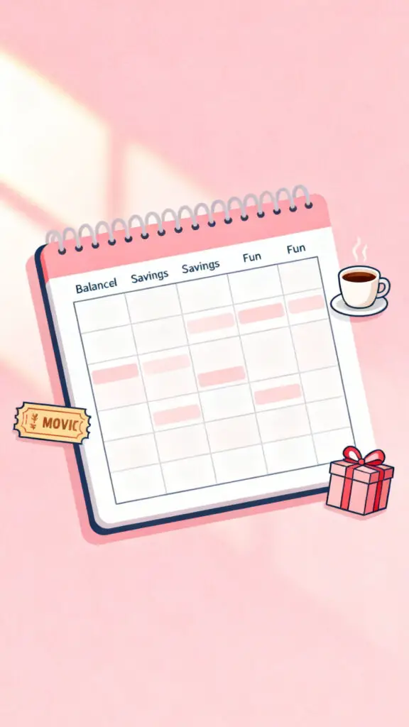 Budgeting For Beginners, All You Need To Know 3 Illustration representing balanced budgeting with savings and fun spending on a pastel pink background.