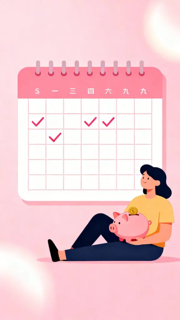 Illustration representing flexible saving habits and patience during hard weeks on a pastel pink background.