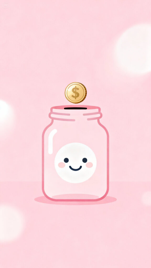 Illustration showing small weekly savings starting with a coin in a jar on a pastel pink background.