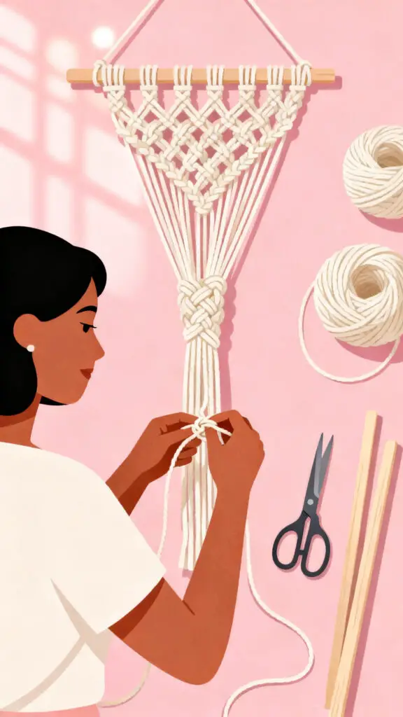 Illustration showing a woman making macramé products as a creative home craft business on a pastel pink background.
