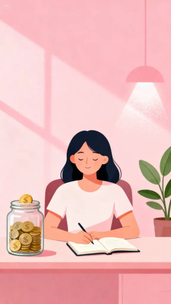 Illustration representing financial stability built through consistent saving habits on a pastel pink background.