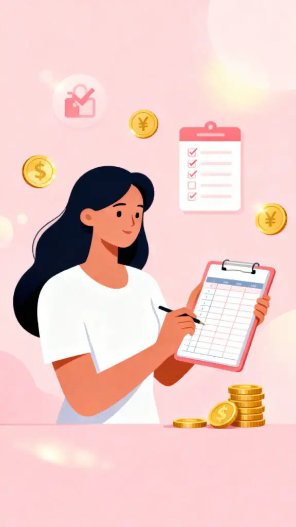 Illustration showing positive money habits and financial discipline on a pastel pink background.
