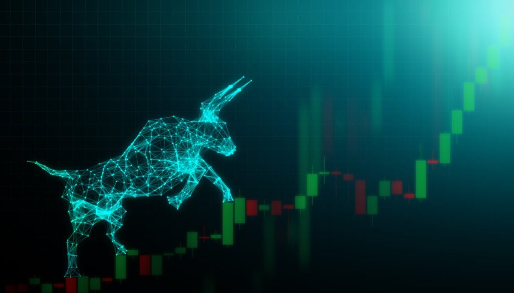A digital rendering of a bull climbing a stock chart.