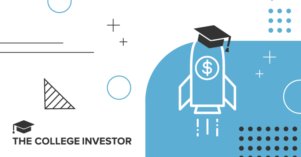 This graphic features a white outline of a rocket with a dollar sign inside a circle on its body, topped with a black graduation cap, launching upwards against a light blue background. The rocket visually represents the