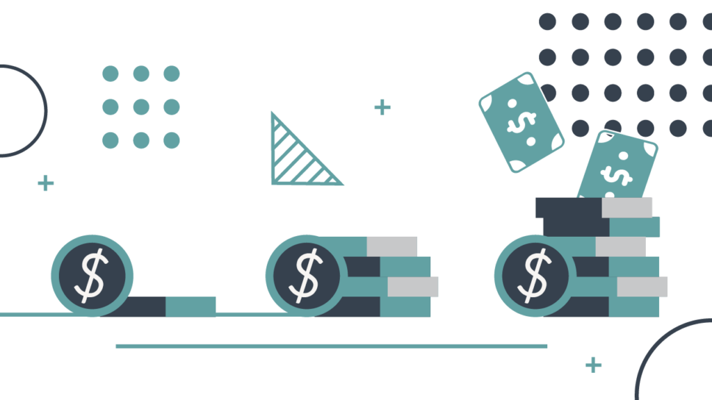 A modern, minimalist illustration depicts the concept of college investment and potential return. On the left, a single stylized coin with a dollar sign represents an initial investment, leading to a small stack of coins and horizontal bars, symbolizing early costs. Progressing to the right, a larger, growing pile of dollar coins and stacked horizontal bars signifies increasing expenses or accumulating funds over time, directly correlating with the