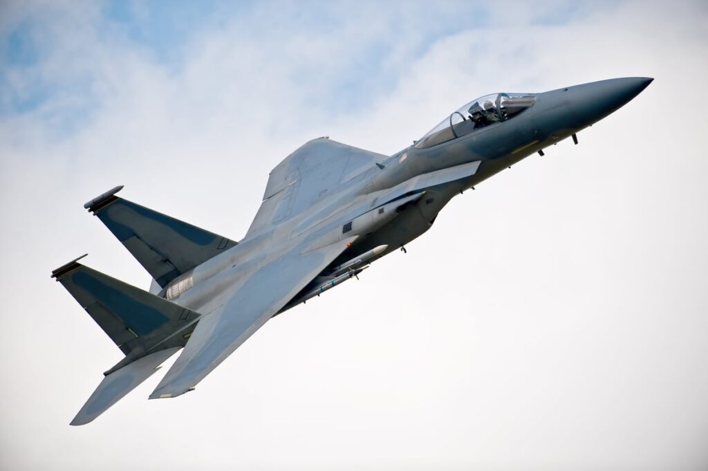 F-15E fighter jet in flight.