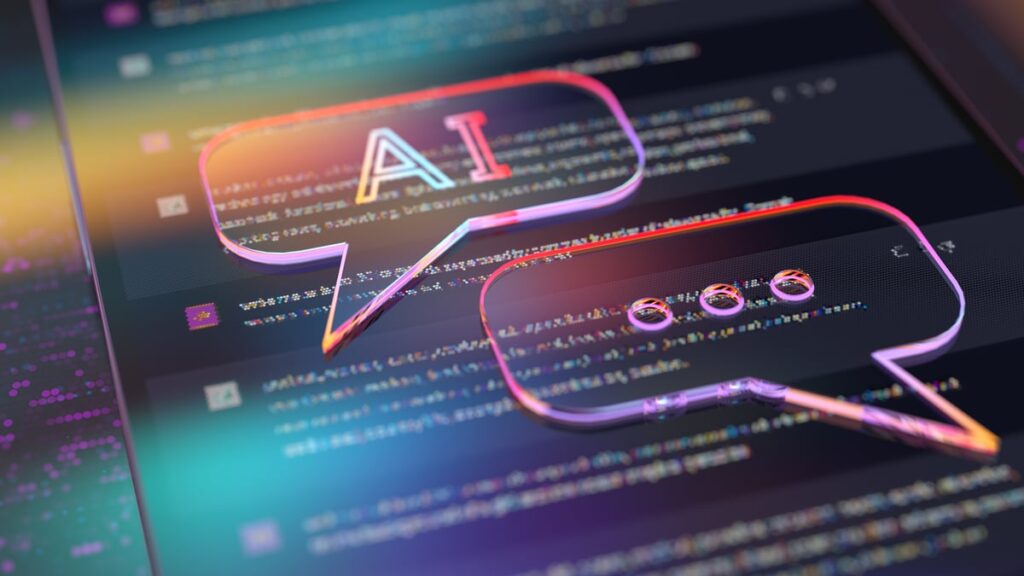 Iridescent artificial intelligence text bubbles on a glass screen.