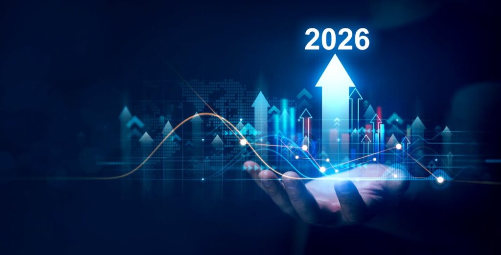 Arrows in blue rising upward with 2026 written on top.