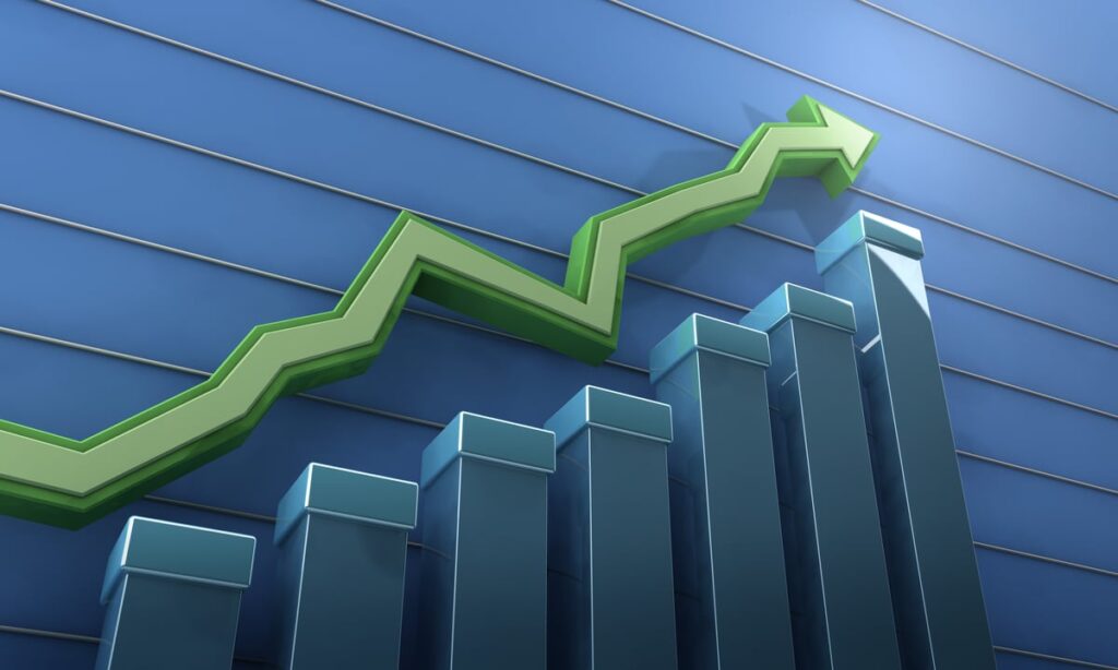 A bar chart with a trend line highlighting a growth trend.