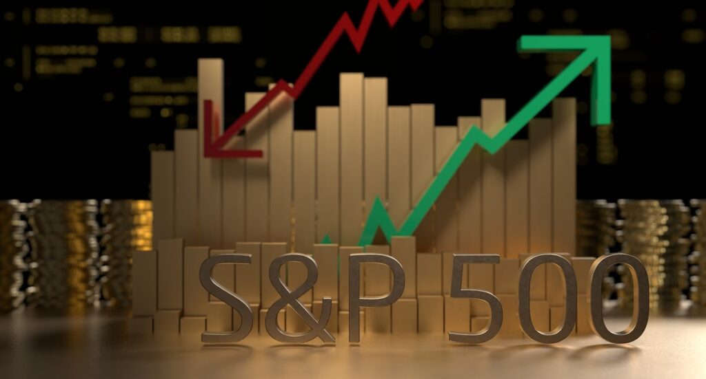 Bar graph and arrows with "S&P 500" in the foreground.