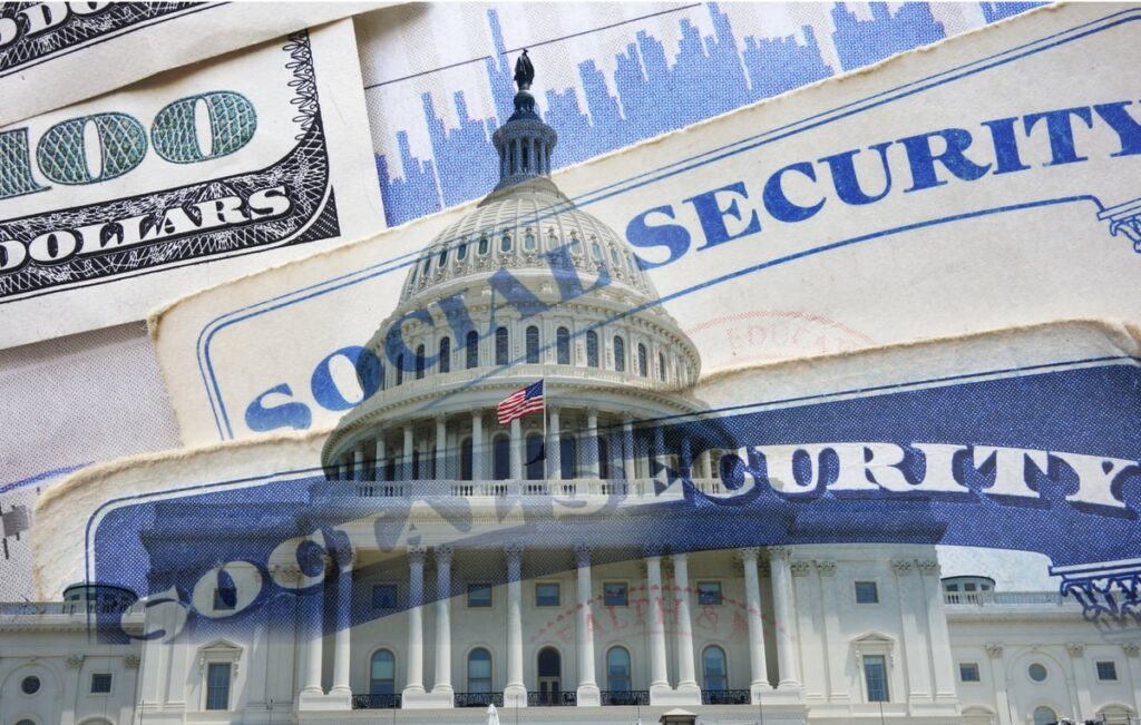 Social Security cards and U.S. currency superimposed on an image of the U.S. Capitol Building.