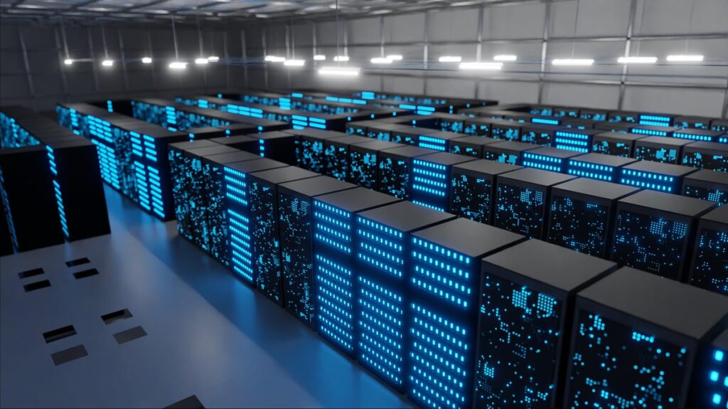 Row of rack servers in a data center.
