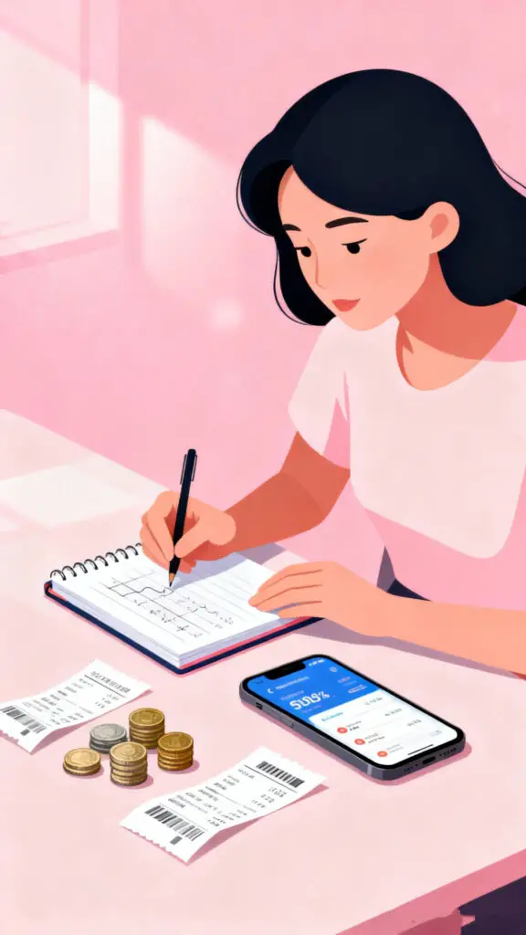 Illustration of a woman tracking every expense using a notebook and budgeting app on a pastel pink background.