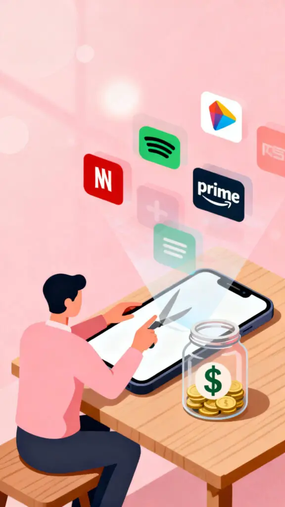 Illustration showing an adult reducing unnecessary subscriptions to save money on a pastel pink background.