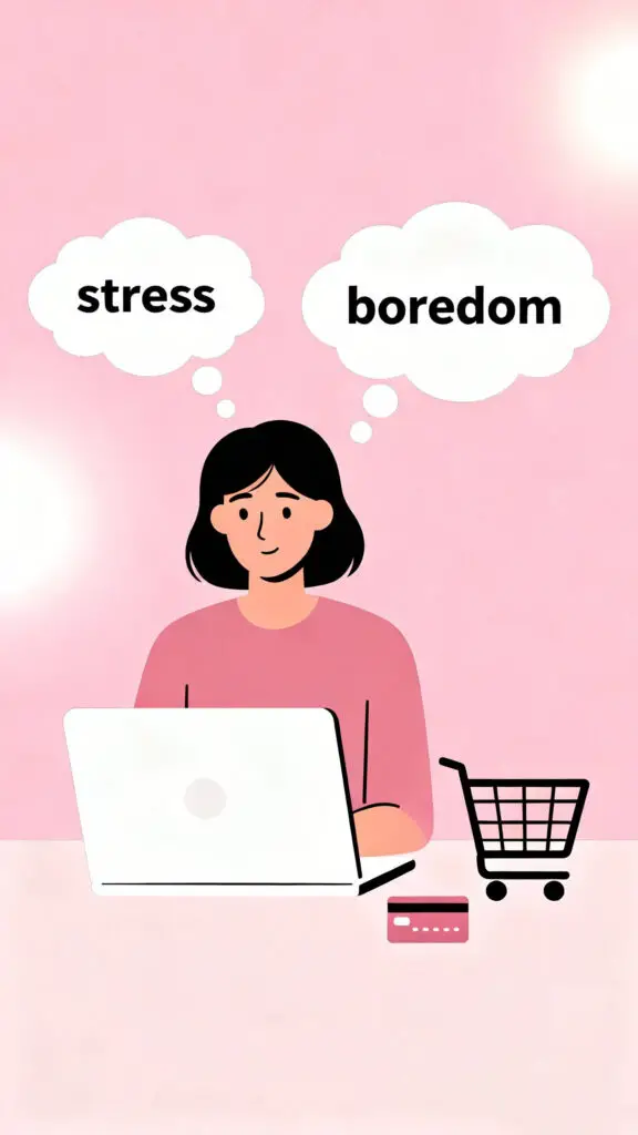 Illustration of emotional spending habits affecting personal finances on a pastel pink background.