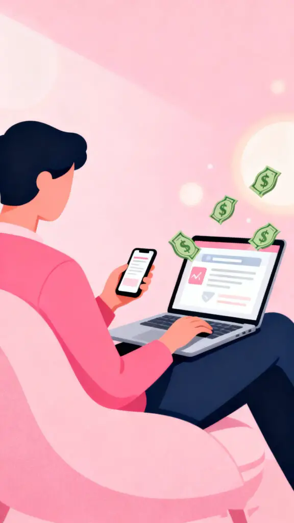 Illustration of completing paid online surveys to earn money quickly on a pastel pink background.
