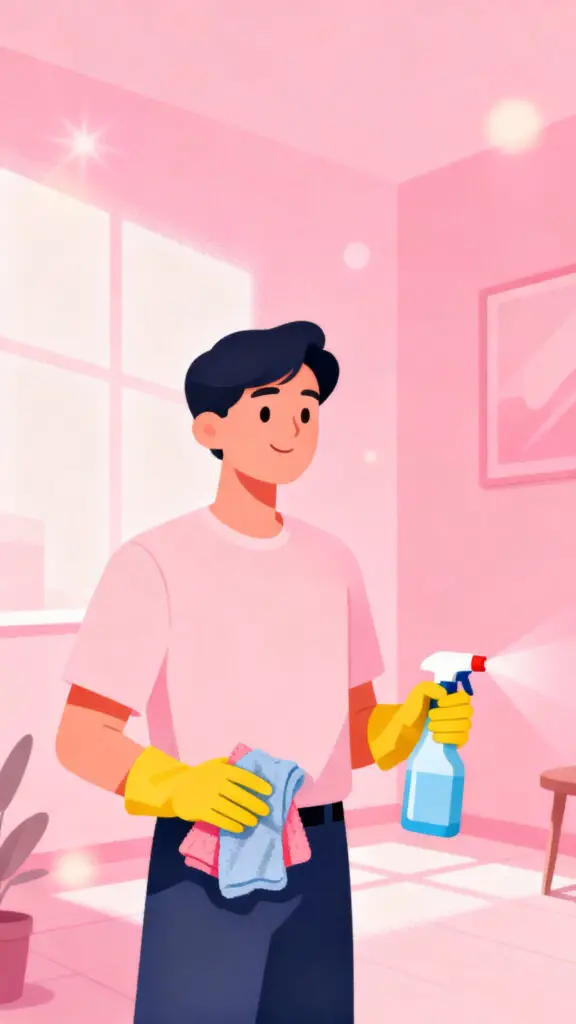 Illustration of offering a simple local cleaning service to earn extra money on a pastel pink background.