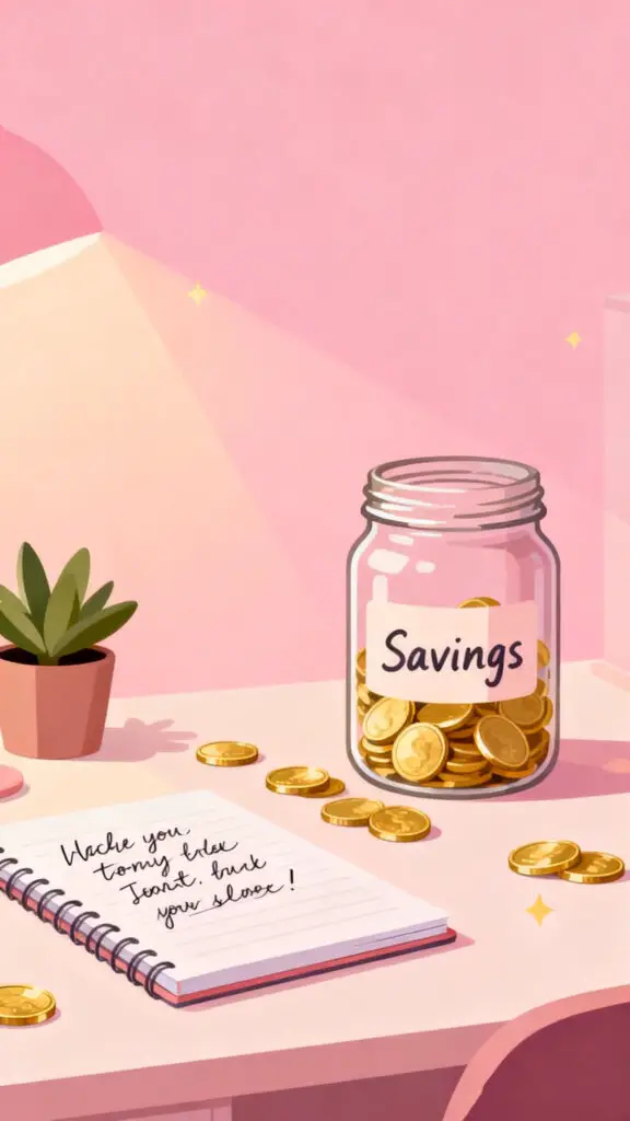 Illustration of a savings jar and money quotes notebook on a pastel pink background symbolizing frugal wisdom.